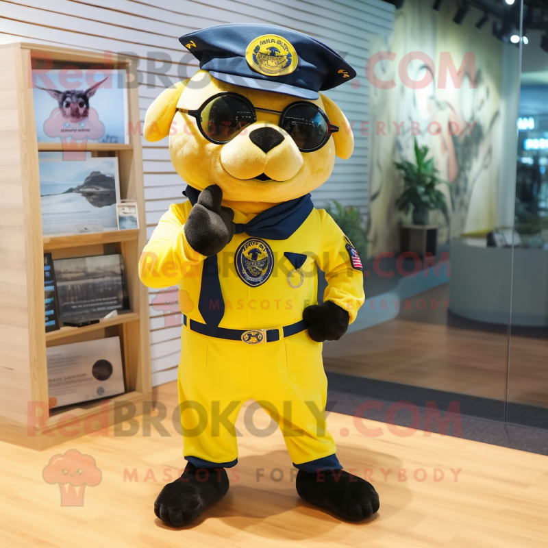 Yellow Navy Seal mascot costume character dressed with a Oxford Shirt and Hair clips Yellow Navy Seal mascot costume character dressed with a Oxford Shirt and Hair clips