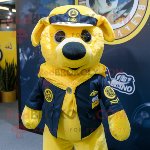 Yellow Navy Seal mascot costume character dressed with a Oxford Shirt and Hair clips