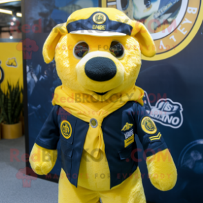 Yellow Navy Seal mascot costume character dressed with a Oxford Shirt and Hair clips