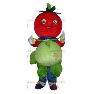 Mascote tomate vermelho sorridente com uma couve-flor -