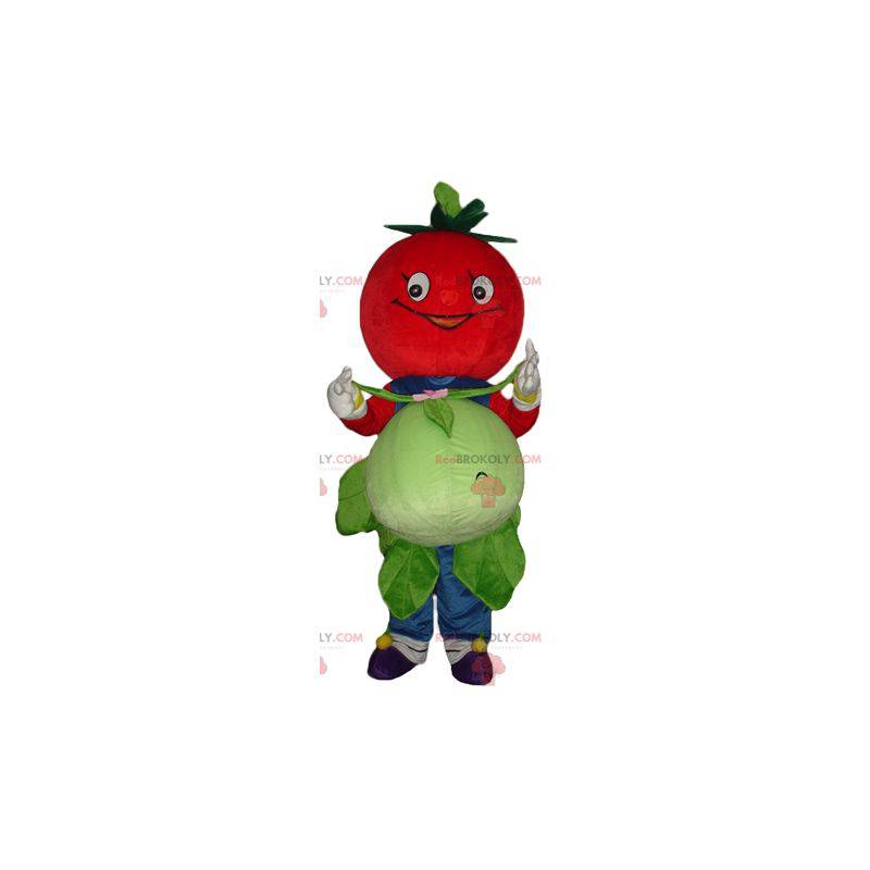 Glimlachende rode tomatenmascotte met een bloemkool -