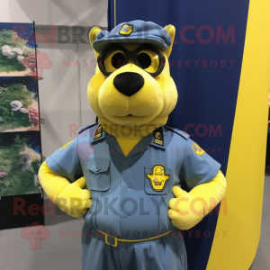 Yellow Navy Seal mascot costume character dressed with a Oxford Shirt and Hair clips
