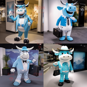 Sky Blue Bull mascot costume character dressed with a Tuxedo and Messenger bags