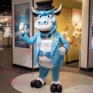 Sky Blue Bull mascot costume character dressed with a Tuxedo and Messenger bags
