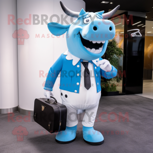 Sky Blue Bull mascot costume character dressed with a Tuxedo and Messenger bags