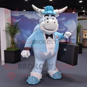 Sky Blue Bull mascot costume character dressed with a Tuxedo and Messenger bags