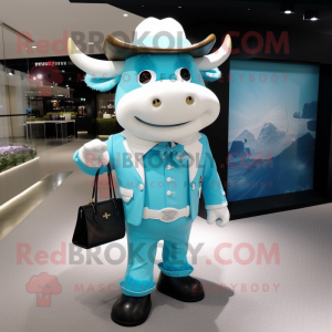 Sky Blue Bull mascot costume character dressed with a Tuxedo and Messenger bags