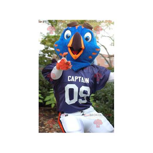 Mascote pássaro azul e laranja em roupas esportivas -