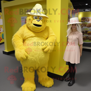 Lemon Yellow Gorilla mascot costume character dressed with a Mini Dress and Hat pins