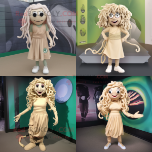 Beige Medusa mascot costume character dressed with a Playsuit and Shoe laces