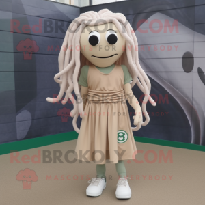 Beige Medusa mascot costume character dressed with a Playsuit and Shoe laces