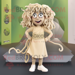 Beige Medusa mascot costume character dressed with a Playsuit and Shoe laces