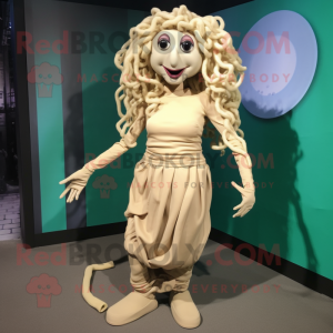 Beige Medusa mascot costume character dressed with a Playsuit and Shoe laces