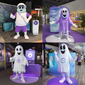 Lavender Ghost mascot costume character dressed with a Board Shorts and Bracelet watches