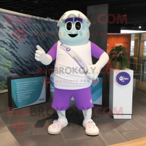 Lavender Ghost mascot costume character dressed with a Board Shorts and Bracelet watches