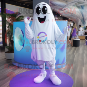 Lavender Ghost mascot costume character dressed with a Board Shorts and Bracelet watches