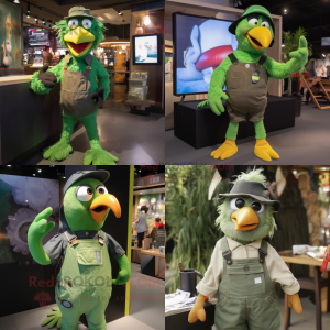 Green Crow mascot costume character dressed with a Dungarees and Brooches