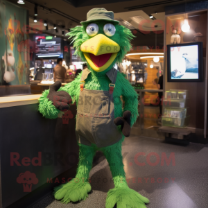 Green Crow mascot costume character dressed with a Dungarees and Brooches