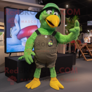 Green Crow mascot costume character dressed with a Dungarees and Brooches
