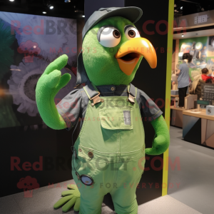 Green Crow mascot costume character dressed with a Dungarees and Brooches