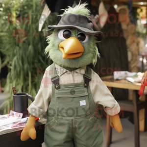 Green Crow mascot costume character dressed with a Dungarees and Brooches