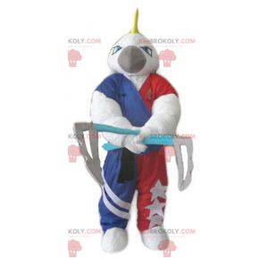 Hvid papegøje maskot med kam og 2 akser - Redbrokoly.com