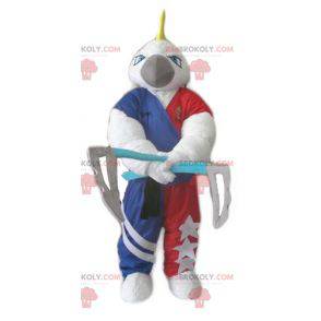 Biała papuga maskotka z herbem i 2 osiami - Redbrokoly.com