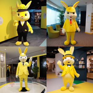Lemon Yellow Rabbit mascot costume character dressed with a Suit Pants and Caps