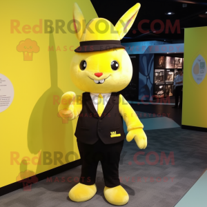 Lemon Yellow Rabbit mascot costume character dressed with a Suit Pants and Caps