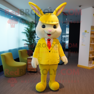 Lemon Yellow Rabbit mascot costume character dressed with a Suit Pants and Caps