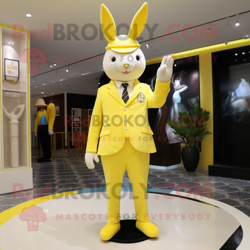 Lemon Yellow Rabbit mascot costume character dressed with a Suit Pants and Caps