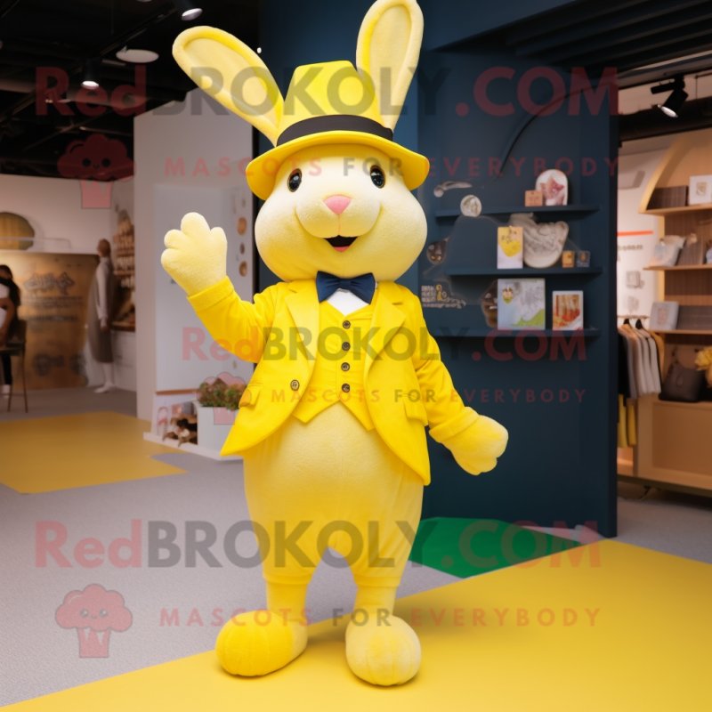 Lemon Yellow Rabbit mascot costume character dressed with a Suit Pants and Caps