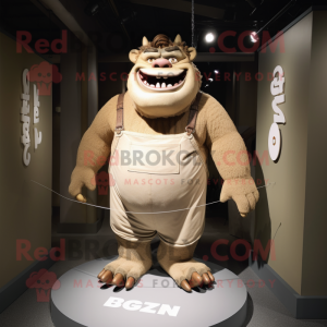 Beige Ogre mascot costume character dressed with a Overalls and Necklaces