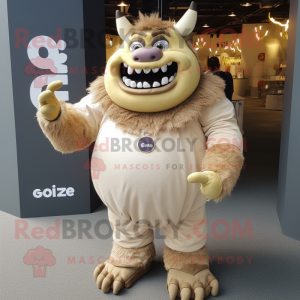 Beige Ogre mascot costume character dressed with a Overalls and Necklaces