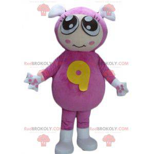 Meisjesmascotte met een roze jumpsuit met 2 oren -