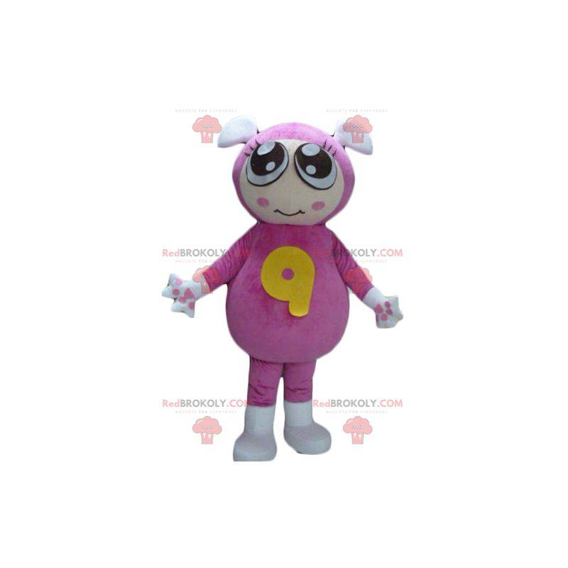 Mädchenmaskottchen mit einem rosa Overall mit 2 Ohren -