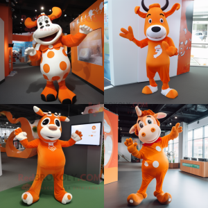 Orange Cow mascot costume character dressed with a Playsuit and Foot pads