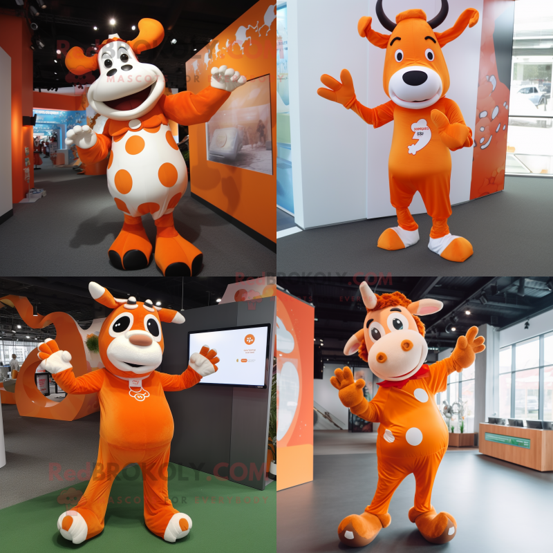 Orange Cow mascot costume character dressed with a Playsuit and Foot pads