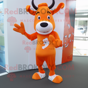 Orange Cow mascot costume character dressed with a Playsuit and Foot pads
