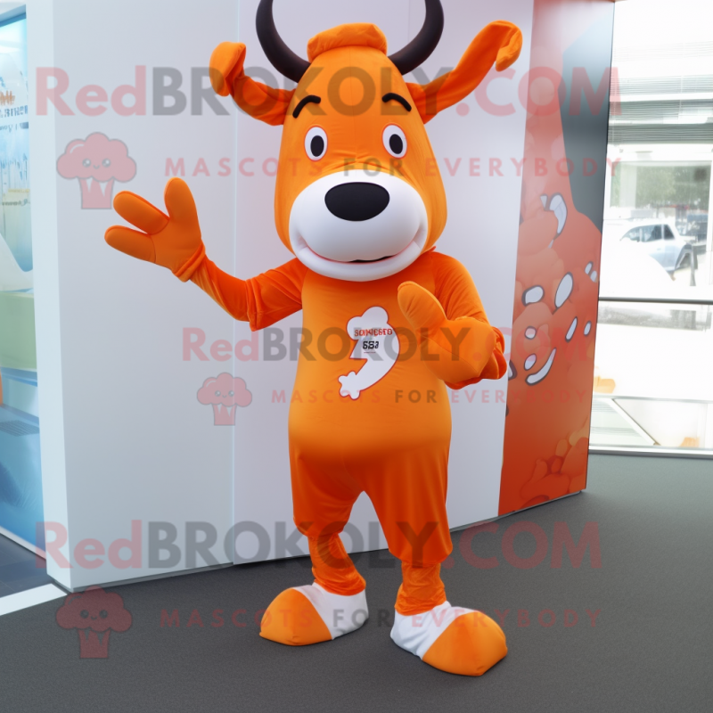 Orange Cow mascot costume character dressed with a Playsuit and Foot pads Orange Cow mascot costume character dressed with a Playsuit and Foot pads