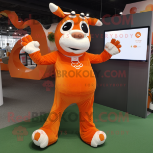 Orange Cow mascot costume character dressed with a Playsuit and Foot pads