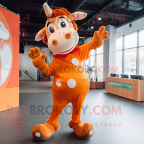 Orange Cow mascot costume character dressed with a Playsuit and Foot pads