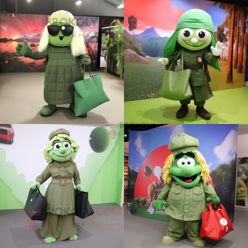Green Commando mascot costume character dressed with a Maxi Skirt and Tote bags Green Commando mascot costume character dressed with a Maxi Skirt and Tote bags