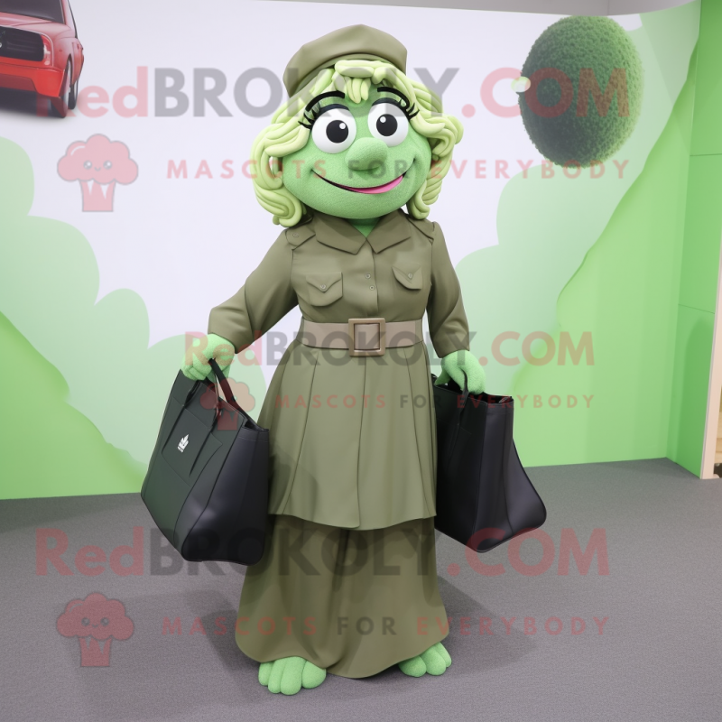 Green Commando mascot costume character dressed with a Maxi Skirt and Tote bags