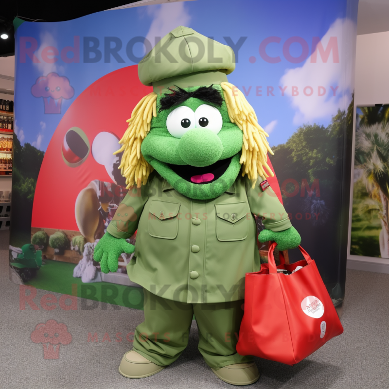 Green Commando mascot costume character dressed with a Maxi Skirt and Tote bags