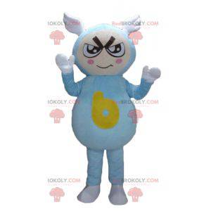 Boy mascot in blue outfit with wings on his head -