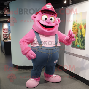 Pink Ogre mascot costume character dressed with a Skinny Jeans and Hat pins