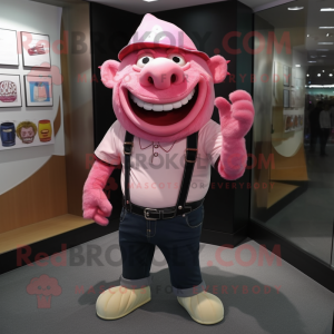 Pink Ogre mascot costume character dressed with a Skinny Jeans and Hat pins