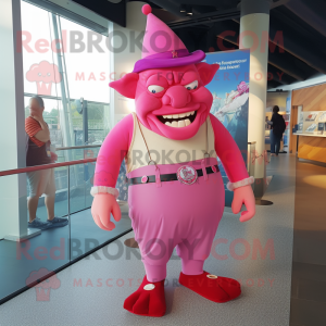 Pink Ogre mascot costume character dressed with a Skinny Jeans and Hat pins