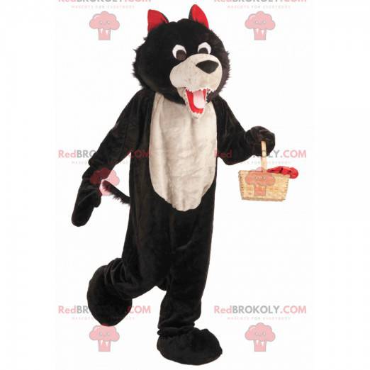 Mascote de lobo preto branco e vermelho macio e peludo -